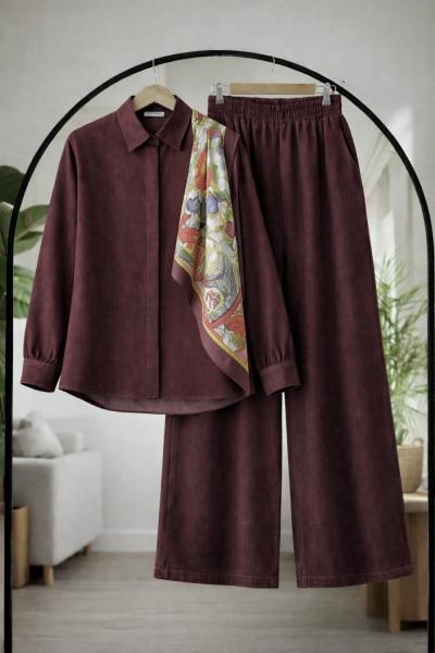 Eşarplı  Bolpaça Kot Takım Bordo HT8070