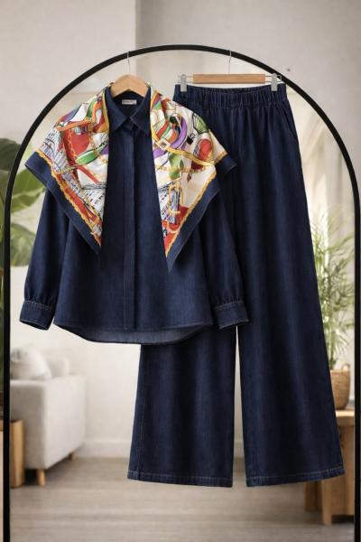 Eşarplı  Bolpaça Kot Takım Lacivert HT8070