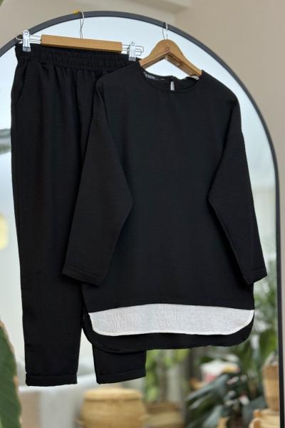 Eteği Beyaz Parçalı Keten Takım Siyah DST30286