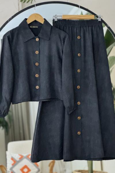 Etek Düğme Detaylı Takım Siyah TCN4090