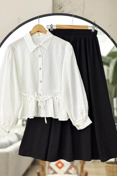 Etek fırfırlı Kuşaklı Gömlek  Beyaz TB8514