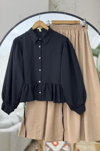 Etek fırfırlı Kuşaklı Gömlek  Siyah TB8514