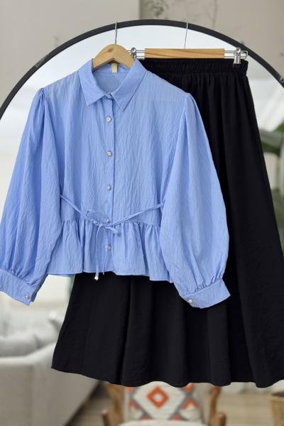 Etek fırfırlı Kuşaklı Gömlek Mavi TB8514