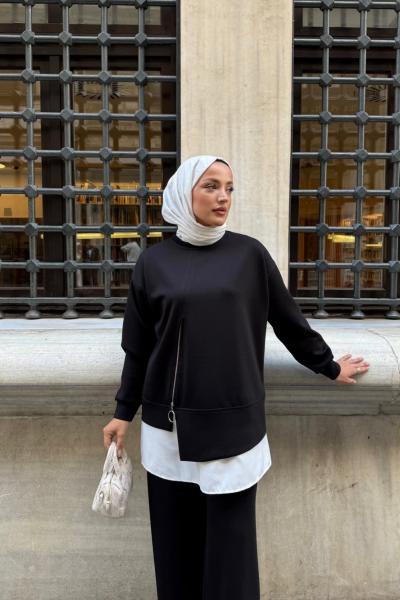 Etek garnili Fermuar detaylı Takım Siyah YR30543