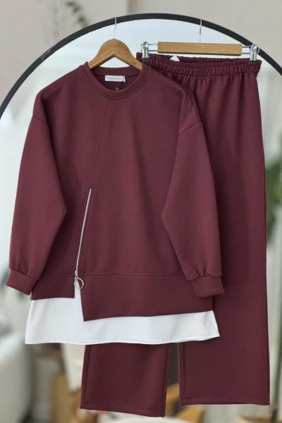 Etek garnili Fermuar detaylı Takım Bordo YR30543