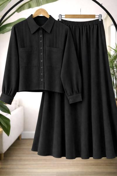 Etek gömlek Keten takım Siyah TC40173