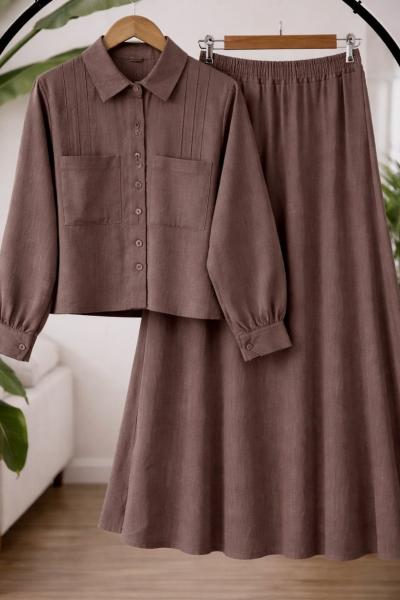 Etek gömlek Keten takım Kahverengi TC40173