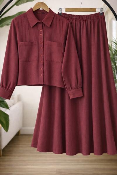Etek gömlek Keten takım Bordo TC40173