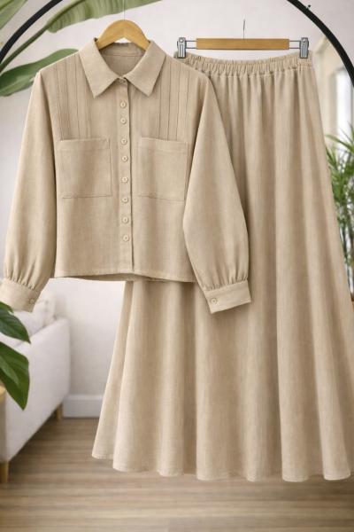 Etek gömlek Keten takım Bej TC40173