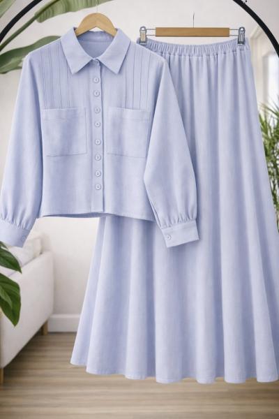 Etek gömlek Keten takım Mavi TC40173