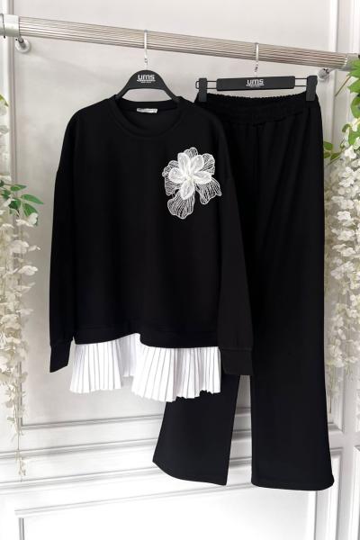 Etek ucu  Piliseli Gül detaylı Takım Siyah UMS50319