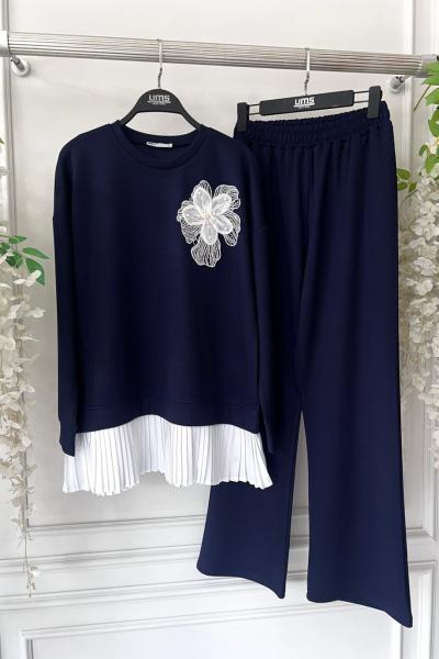 Etek ucu  Piliseli Gül detaylı Takım Lacivert UMS50319