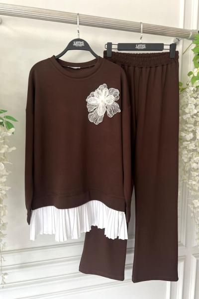 Etek ucu  Piliseli Gül detaylı Takım kahve UMS50319