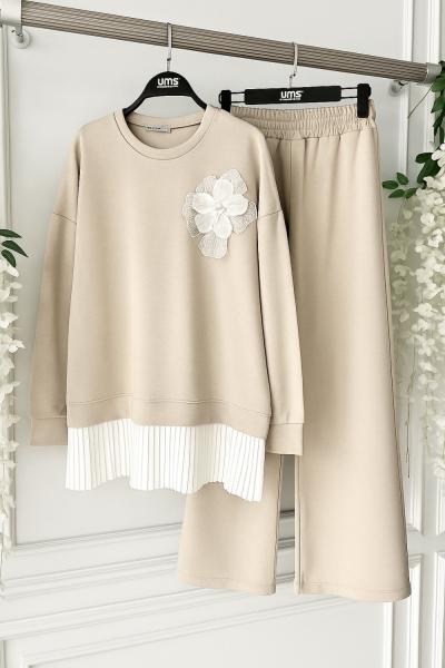 Etek ucu  Piliseli gül detaylı Takım bej UMS50319