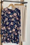 Etek ucu fırfırlı ciçekli viskon kumaş tunik Lacivert  SLT1602