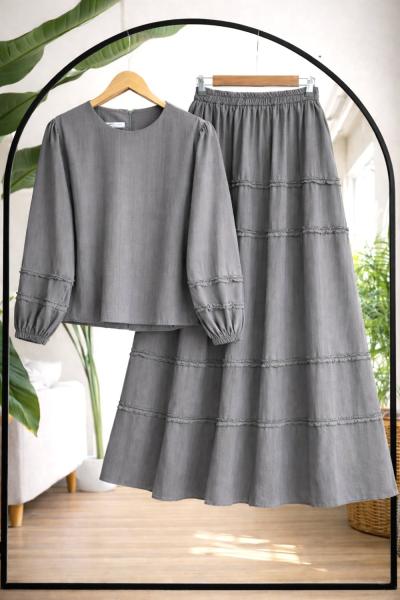 Etek ve kol fırfırlı Takım Griy  UMS50342