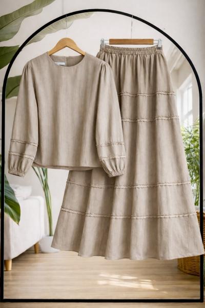 Etek ve kol fırfırlı Takım Bej  UMS50342