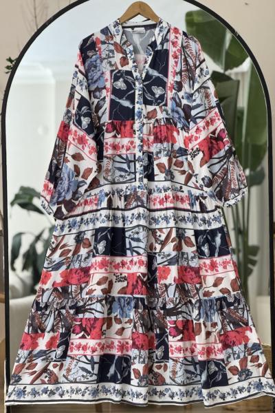 Etnik Desen Patlı Yarım Düğmeli Elbise Bordo UMS 50298