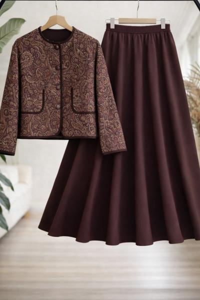 Etnik Desen ceket etek Takım Bordo UMS50338