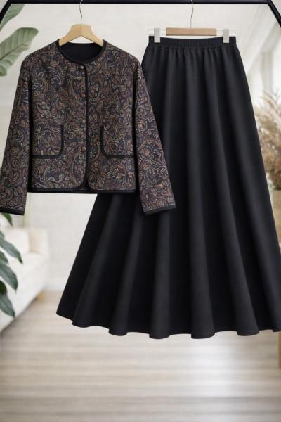 Etnik Desen ceket etek Takım Siyah  UMS50338