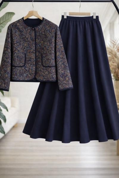 Etnik Desen ceket etek Takım Lacivert UMS50338