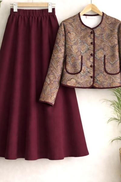 Etnik Desen etek Ceket Takım Bordo UMS50340