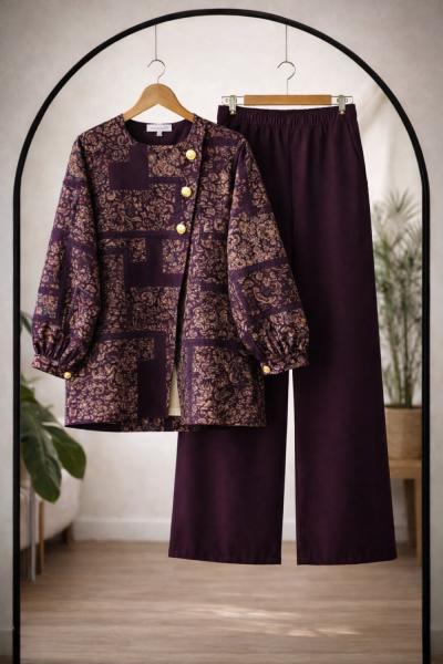 Etnik Desen üç düğmeli Takım Mürdüm BK9556