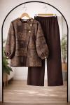 Etnik Desen üç düğmeli Takım Kahverengi BK9556