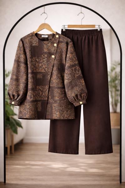 Etnik Desen üç düğmeli Takım Kahverengi BK9556