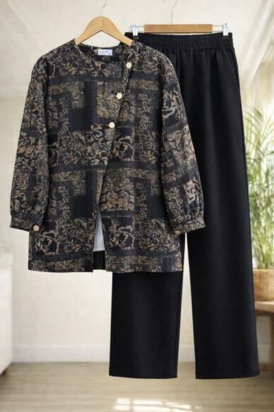 Etnik Desen üç düğmeli Takım Siyah BK9556
