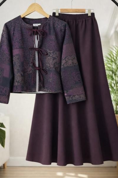 Etnik Desen Bağcıklı ceket  kiloş Etek Takım Mürdüm BK9565