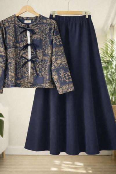 Etnik Desen Bağcıklı ceket  kiloş Etek Takım Lacivert BK9565