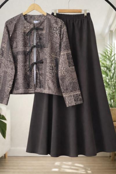 Etnik Desen Bağcıklı ceket  kiloş Etek Takım Kahve BK9565