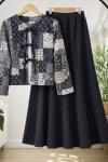 Etnik Desen Bağcıklı ceket  kiloş Etek Takım Siyah BK9565