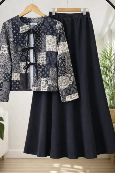 Etnik Desen Bağcıklı ceket  kiloş Etek Takım Siyah BK9565