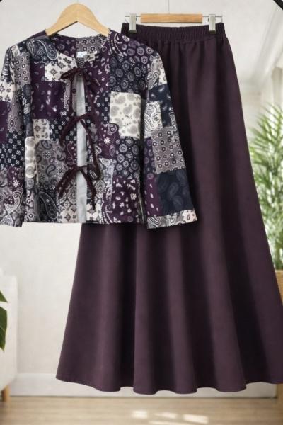 Etnik Desen Bağcıklı ceket  kiloş Etek Takım Bordo  BK9565