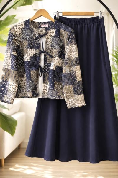 Etnik Desen Bağcıklı ceket  kiloş Etek Takım Lacivert BK9565