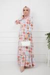 Etnik desen elbise ekru  UMS906