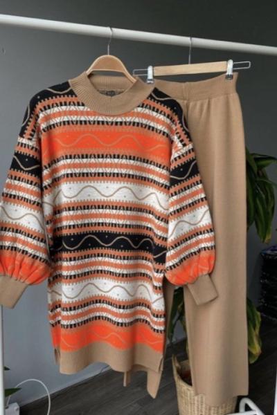 Etnik desen balonkol Triko Takım Camel  TCN1330