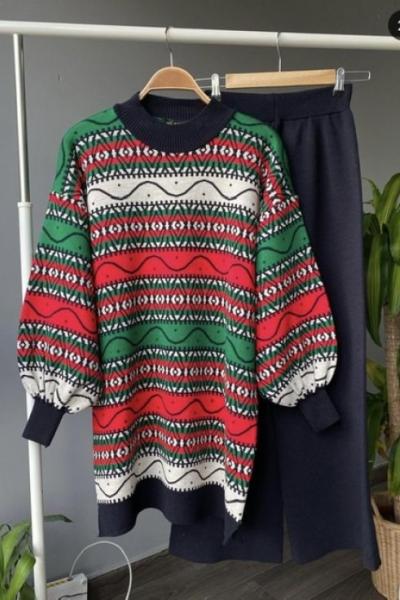 Etnik desen balonkol Triko Takım Lacivert  TCN1330