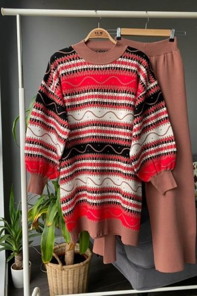 Etnik desen balonkol Triko Takım Gül  TCN1330