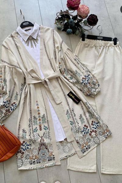 Etnik desen kimono takım Ekru UMS1608