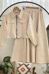 Fermuarlı cepli etek ceket takım Bej  NV4518