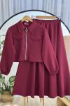 Fermuarlı cepli etek ceket takım Bordo  NV4518