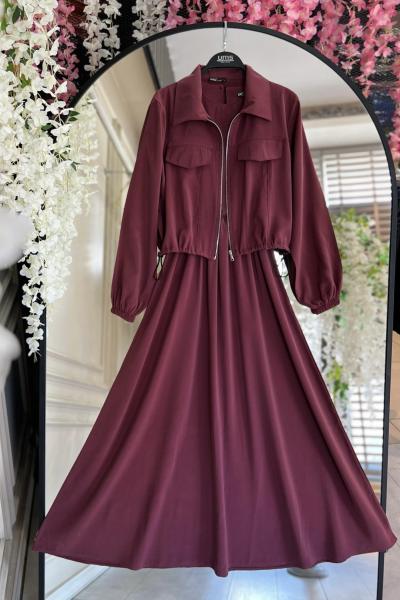 Fermuarlı Ceketli  Elbise Bordo UMS50253