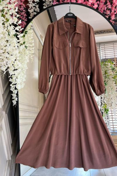 Fermuarlı Ceketli  Elbise KahveUMS50253