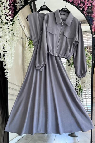 Fermuarlı Ceketli  Elbise Gri UMS50253