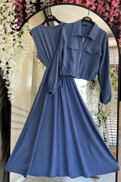 Fermuarlı Ceketli  Elbise Mavi UMS50253