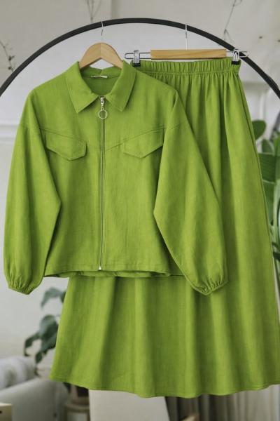 Fermuarlı etek ceket takım YAĞYEŞİL NV4523