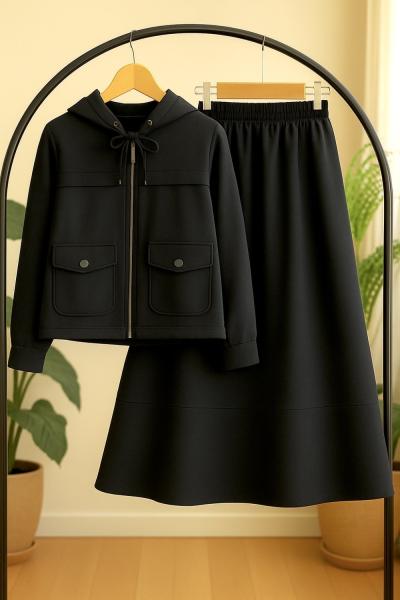 Fermuarlı oval cepli  kapşonlu ettekli takım Siyah TCN40133